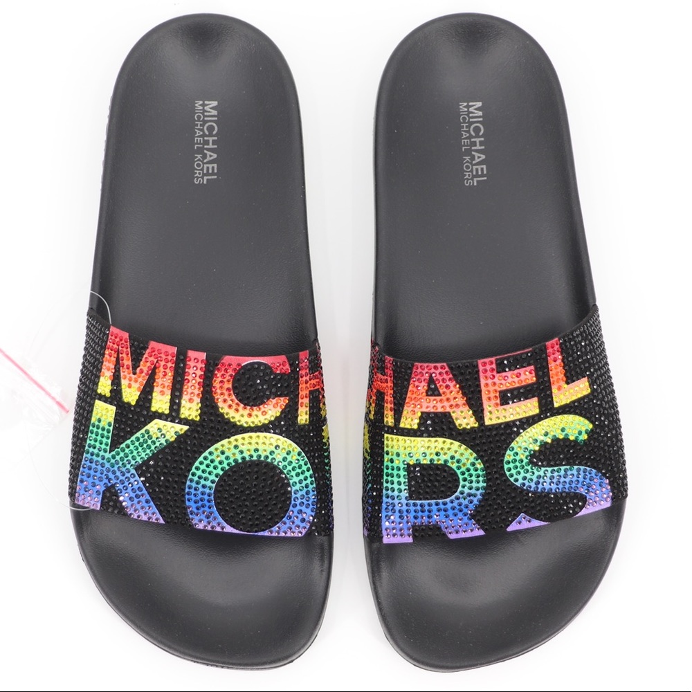 New Michael Kors 8 Gilmore Embellished Slide Sandals Black Multi